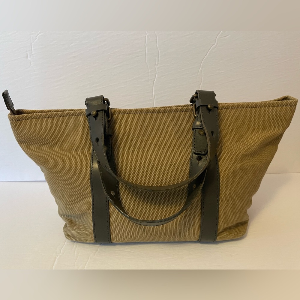 ro Beige Tote Canvas Bag with Adjustable Leather Strap